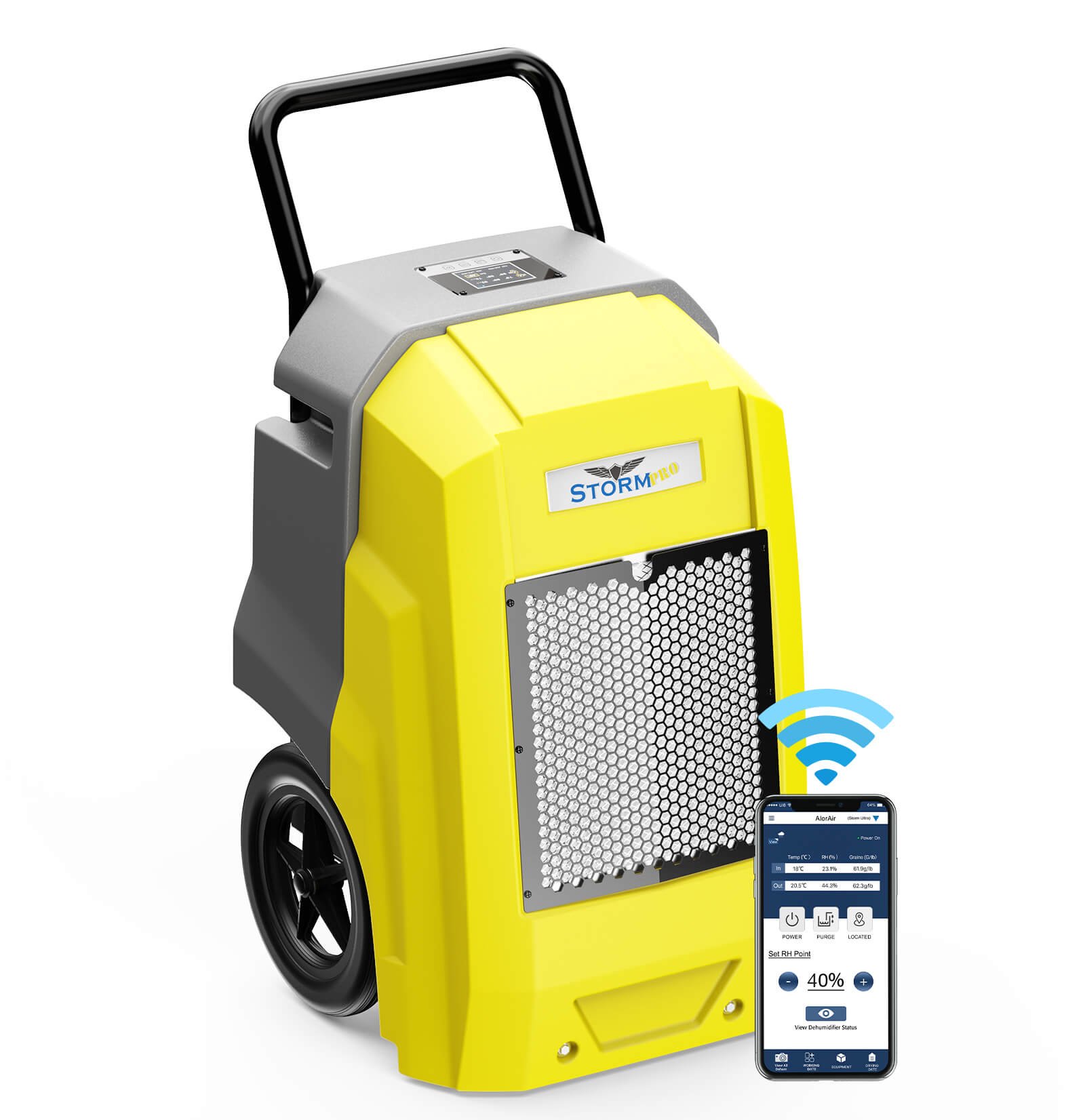 A close-up view of a professional-grade crawl space dehumidifier unit.