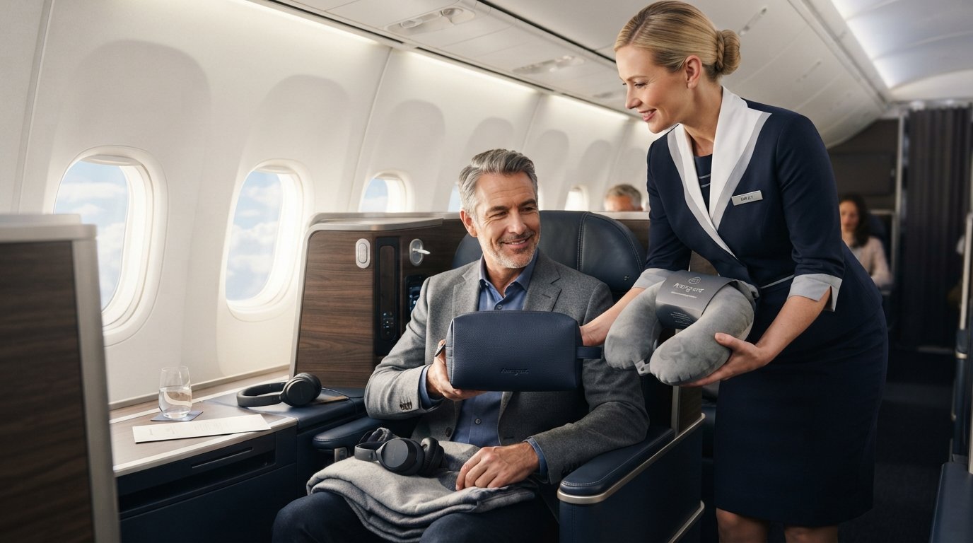 Business class airplane cabin interior representing travel booking alternatives